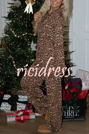 Paige Ribbed Leopard Print Loose Shirt and Elastic Waist Pocketed Pajama Set