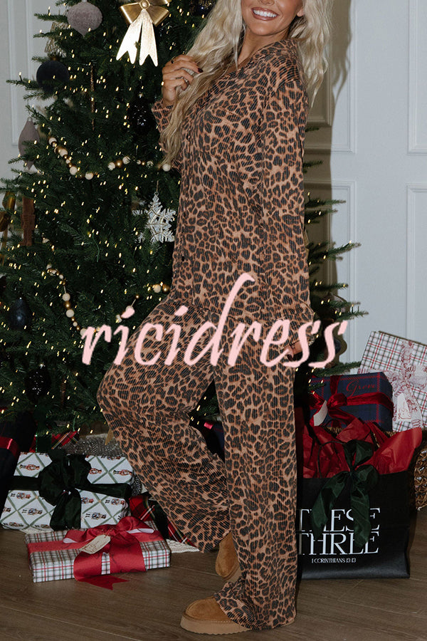 Paige Ribbed Leopard Print Loose Shirt and Elastic Waist Pocketed Pajama Set