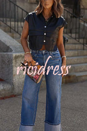 Stylish Weekend Faux Leather Button Up Cape Sleeve Pocket Crop Top