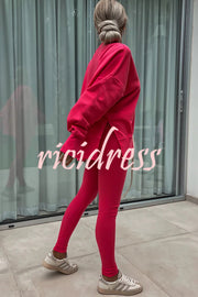 Solid Color Loose Long Sleeve SlitSweatshirt and Elastic Waist Tight Pants Set