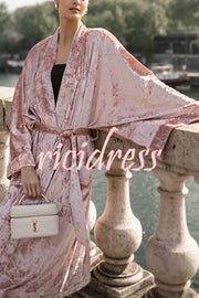 Gorgeous Glossy Velvet Long Bell Sleeve Tie-up Pocket Midi Kimono Coat