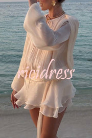 Ninah Glitter Fabric Pleated Balloon Sleeve Tiered Ruffle Hem Mini Dress