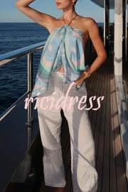 Artistic Girl Satin Unique Print Metal Chain Halter Draped Scarf Tank