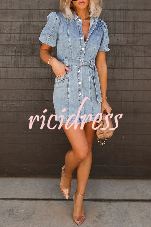 Ada Pocketed Single Breasted Belted Denim Mini Dress