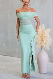 Sexy Mesh Off-shoulder Slim Fit Ruffled Slit Maxi Dress