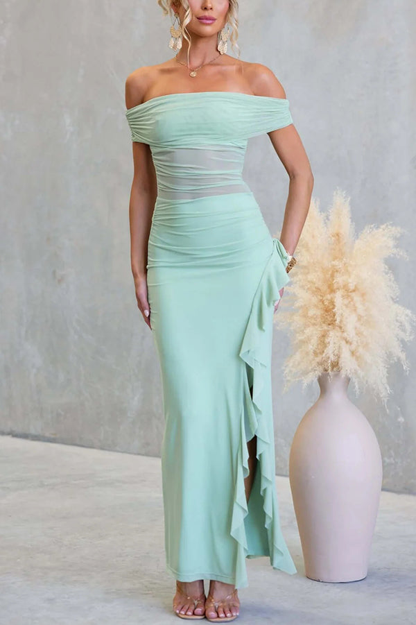 Sexy Mesh Off-shoulder Slim Fit Ruffled Slit Maxi Dress