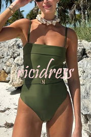 Solid Color Suspender Buckle Waist Elastic Swimsuit