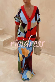Bright and Bold Satin Abstract Color Blocks Print Elastic Waist Drape Maxi Skirt