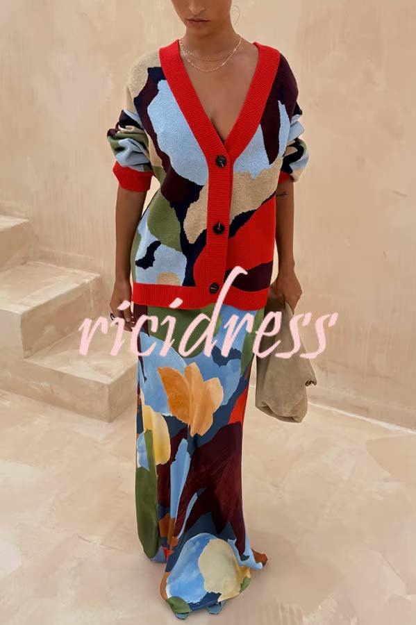 Bright and Bold Satin Abstract Color Blocks Print Elastic Waist Drape Maxi Skirt