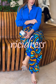 Ocean Heart Linen Blend Printed Ruched Hem Blouse and Belted High Rise Pocket Loose Pants Set