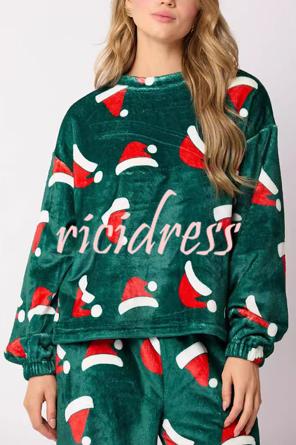 Christmas Printed Crew Neck Long Sleeve Top and Elastic Waist Loose Pants Set