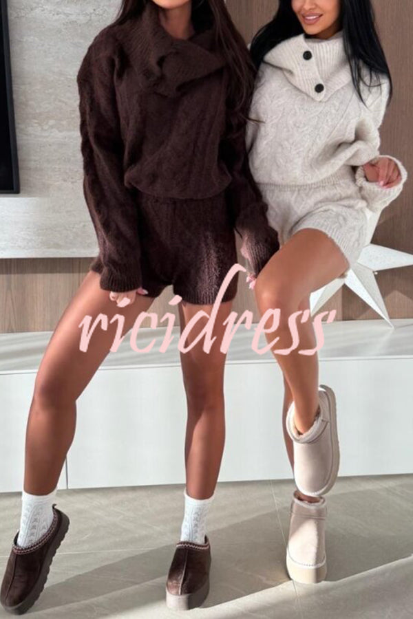 Diviano Cabble Knit Button Scarf Long Sleeve Sweater and Stretch Mini Shorts Set（3 Pieces）