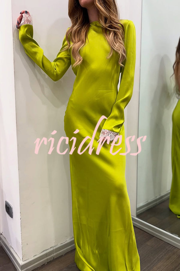 Mystic Moment Satin Lace Trim Long Sleeve Backless Maxi Dress