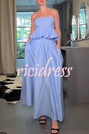 Kala Back Smocked Ruffles Hem Strapless Top and Pocketed A-line Maxi Skirt Set