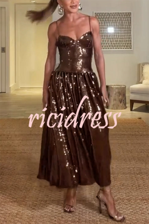 Enchanted Night Sequin Low-cut Corset Balloon Hem Slip Midi Dress