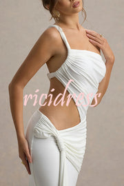 Sexy One-shoulder Backless Ribbon Pleated Slim Maxi Dress