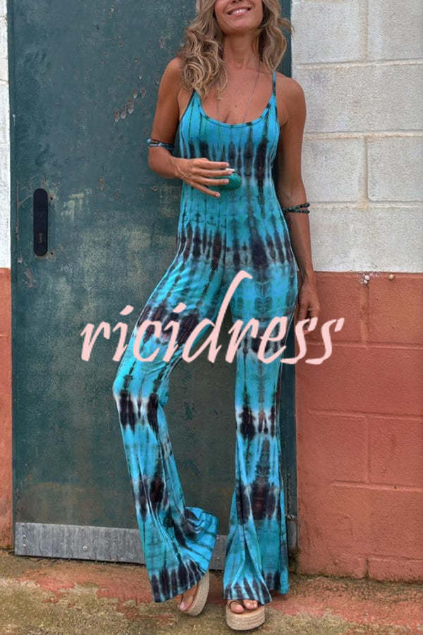 Exclusive Style Tie-dye Print Backless Tie-up Stretch Flared Jumpsuit