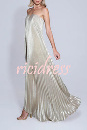 Maya Pleated Metallic Fabric Off Shoulder Asymmetric Hem A-line Maxi Dress