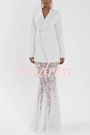 Poetic Muse Stand V-neck Rhinestone Button Up Long Sleeve Blazer