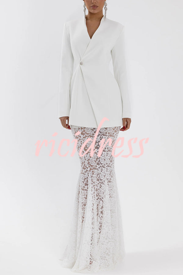 Poetic Muse Stand V-neck Rhinestone Button Up Long Sleeve Blazer