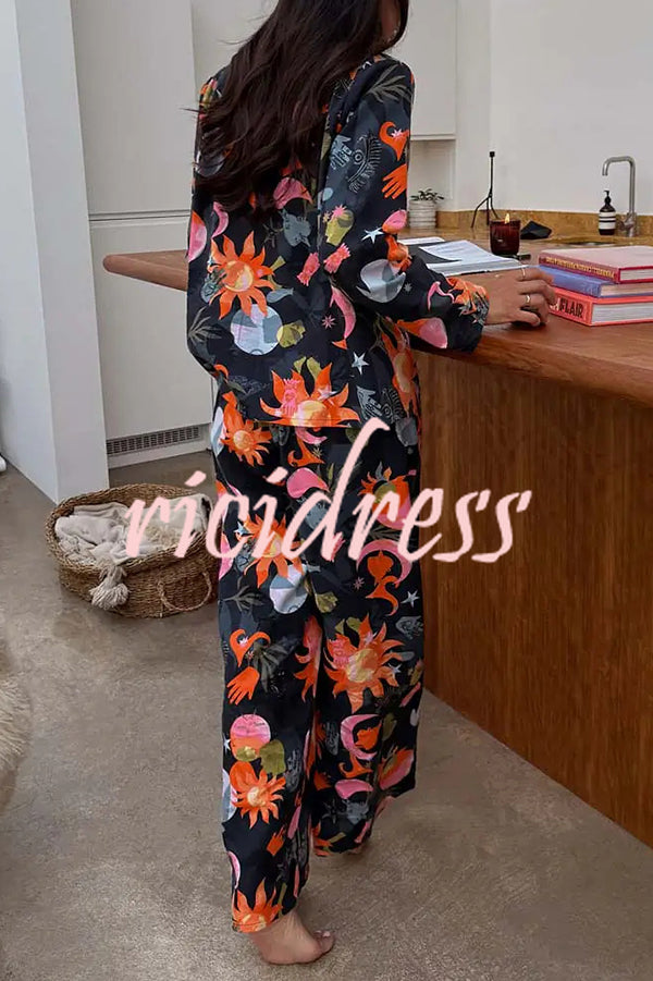 Evening Routine Unique Print Color-block Trim Loose Shirt and Elastic Waist Pocketed Pajama Set