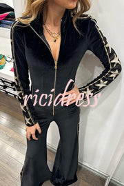 Star-print Velvet Patchwork Zipped Wide-leg Jumpsuit