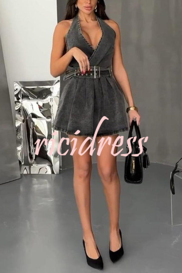 Fashionable Halterneck Open-back Belted Denim Mini Dress