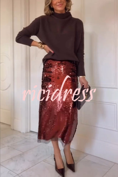 Upper East Chic Sequin Mesh Trim High Rise Slit Pencil Midi Skirt