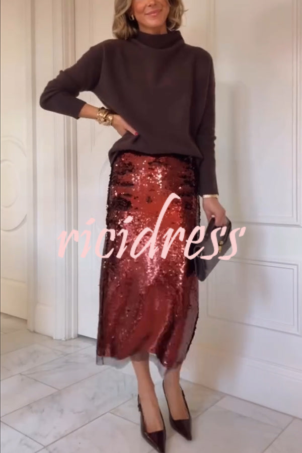 Upper East Chic Sequin Mesh Trim High Rise Slit Pencil Midi Skirt