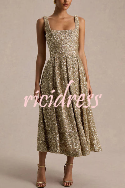 Effortless Sparkle Sequin Square Neck Wide Strap A-Line Midi Dress