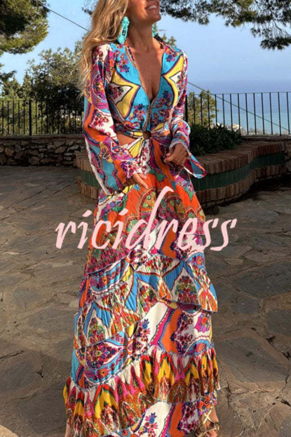 Colorful Day Unique Print Bell Sleeve Cutout Waist Layered Maxi Dress