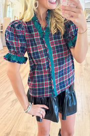 Plaid Print Ruffled Puff Sleeve Casual Shirt
