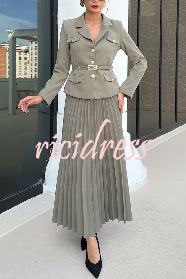Solid Color Lapel Button Belt Blazer and Pleated Casual Maxi Skirt Set
