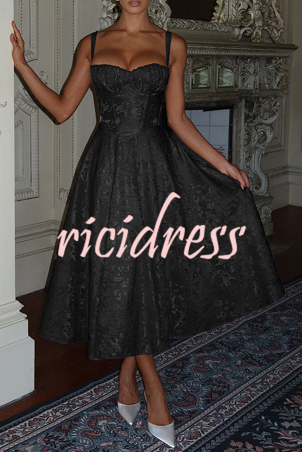 Palace Style Jacquard Fabric Backless Tie Slim Midi Dress
