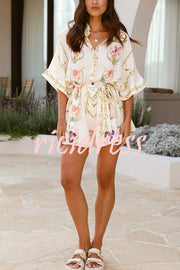 Plant Print Lapel Half Sleeve Tie Waist Loose Rompers