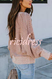 Knitted Striped Round Neck Dolman Sleeve Casual Loose Sweater