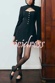 Elegant Long-sleeved Hollowed-out Button-down Slim-fit Mini Dress