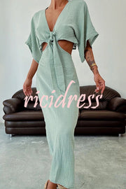 Linen Blend Slim-fitting Lace-up Hollow V-neck Maxi Dress