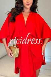 Solid Color V-Neck Half Sleeve Casual Irregular Mini Dress
