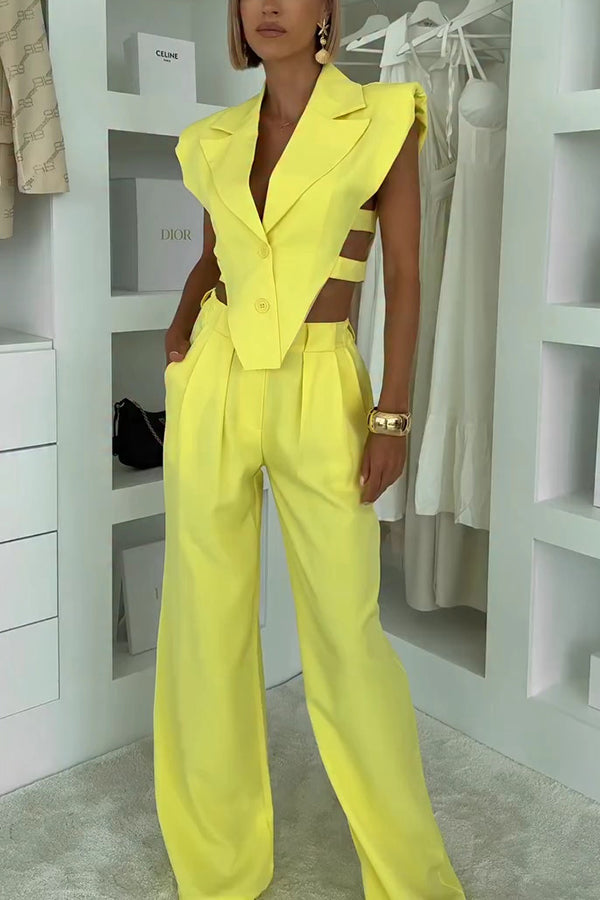 Fashion Style Lapel Waist-baring Irregular Vest and  Elastic Waist Pocket Loose Pants Set