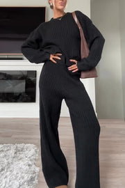 Autumn Travel Knit Cable Long Sleeve Sweater and Elastic High Waist Wide Leg Pants Set