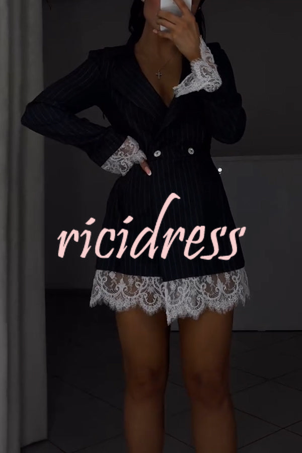 Merrin Striped Lace Trim Double-breasted Long Sleeve Lapel Blazer Mini Dress