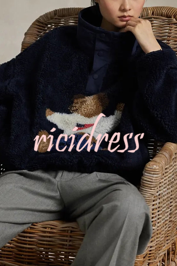 American Retro Polo Bear Pattern Stand Button Neck Long Sleeve Fleece Pullover