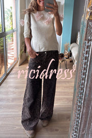 Alboran Knit Organza Flowers Detail Short Sleeve Loose Sweater