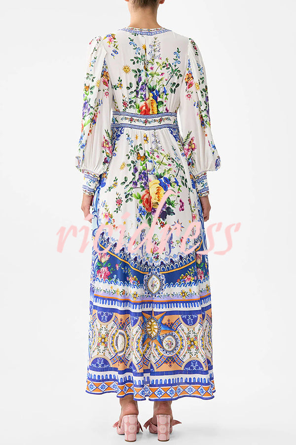 Fairy Tale Print V-Neck Lantern Sleeve Waist Maxi Dress