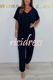 Solid Color V-neck Short-sleeved Waist-tied Loose Casual Jumpsuit