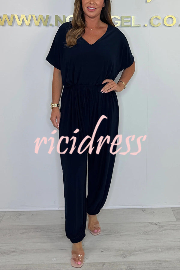Solid Color V-neck Short-sleeved Waist-tied Loose Casual Jumpsuit