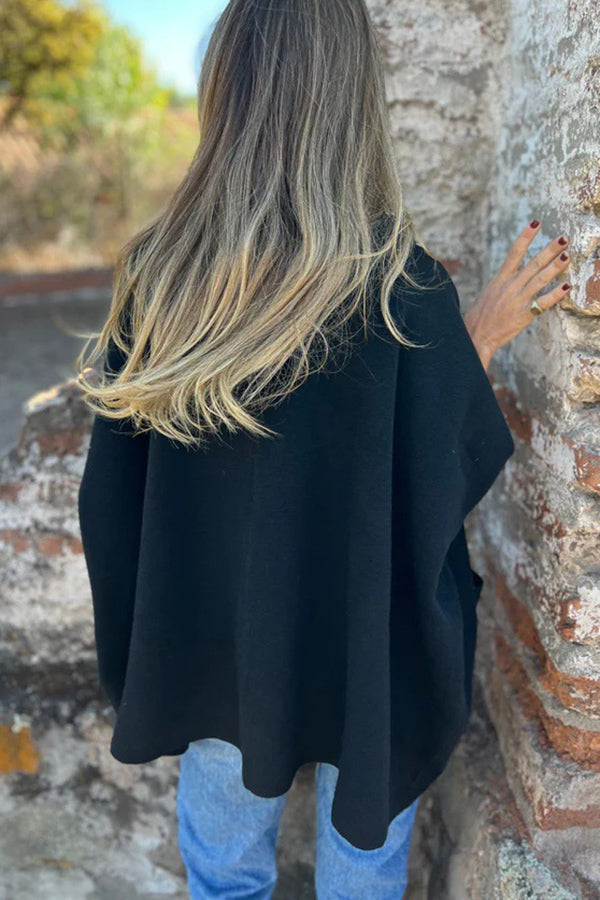Solid Color Casual Hooded Single Button Pocket Loose Cape Jacket