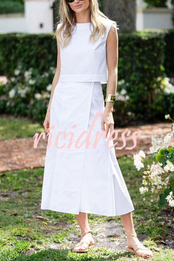 Linen Blend Crew Neck Sleeveless Crop Top and Buttoned Slit Midi Skirt Set