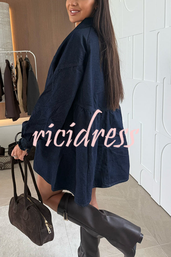 Fashion Heart Button Long Sleeve Casual Pocket Denim Mini Dress